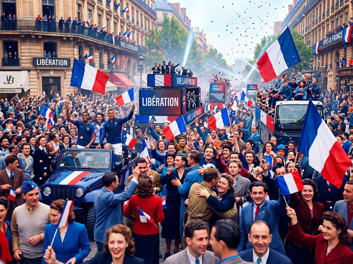 Crowd celebrating liberation in Paris waving French flags and soldiers in jeep