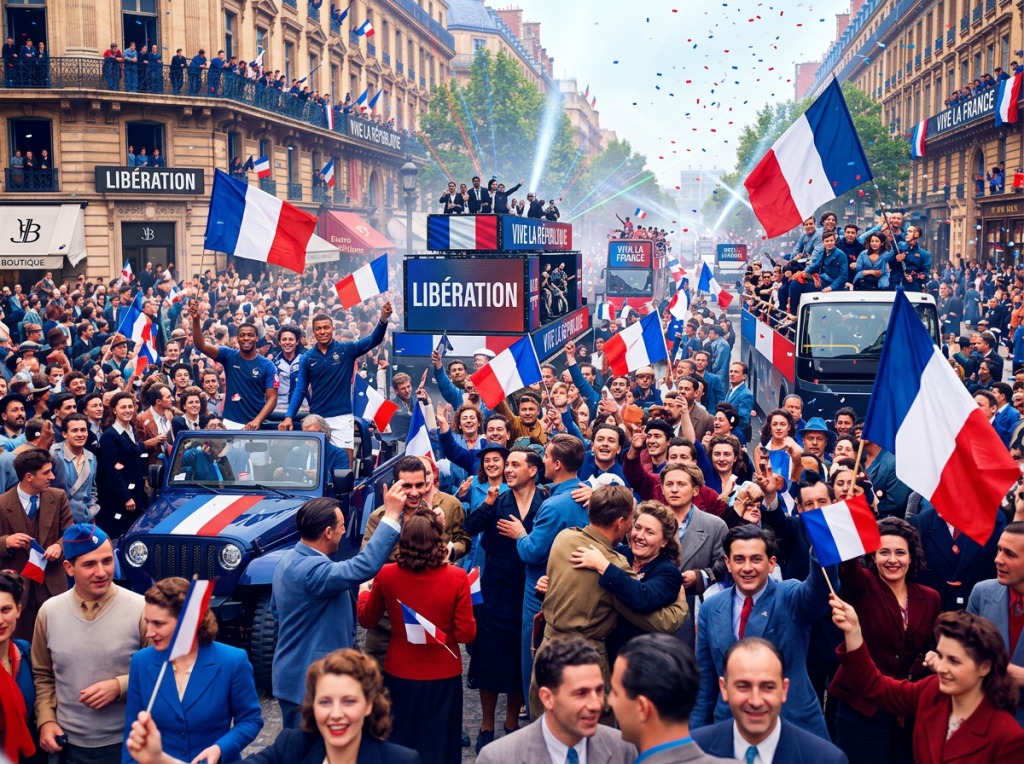 Crowd celebrating liberation in Paris waving French flags and soldiers in jeep