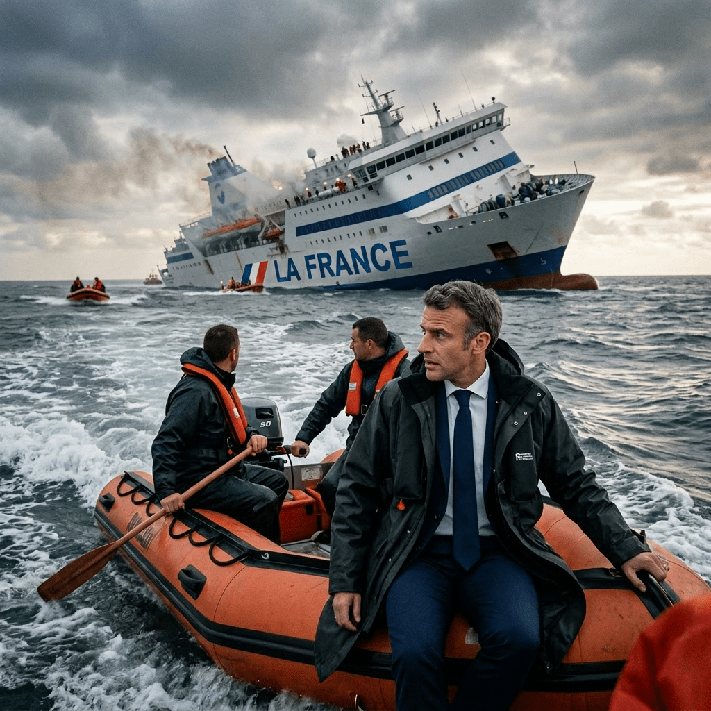 Orange rescue boat with officials approaching the sinking ferry French Republic emitting smoke.